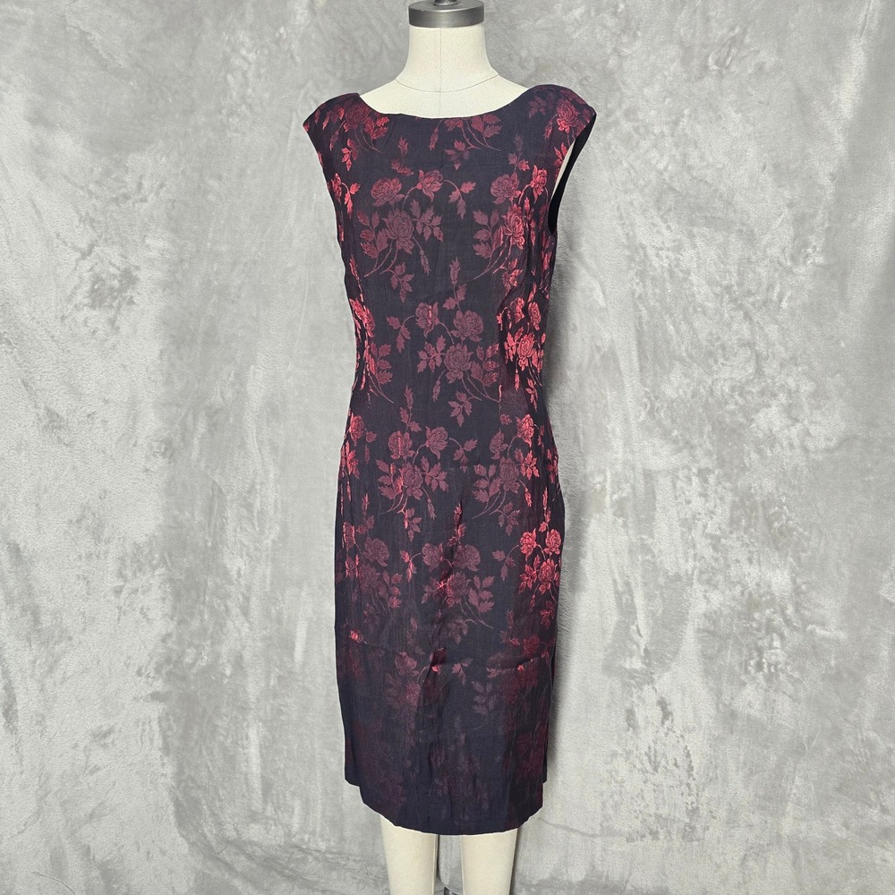 Vintage Maggy London Sheath Dress Women 12 Black Red Gothic Y2K Metallic Floral